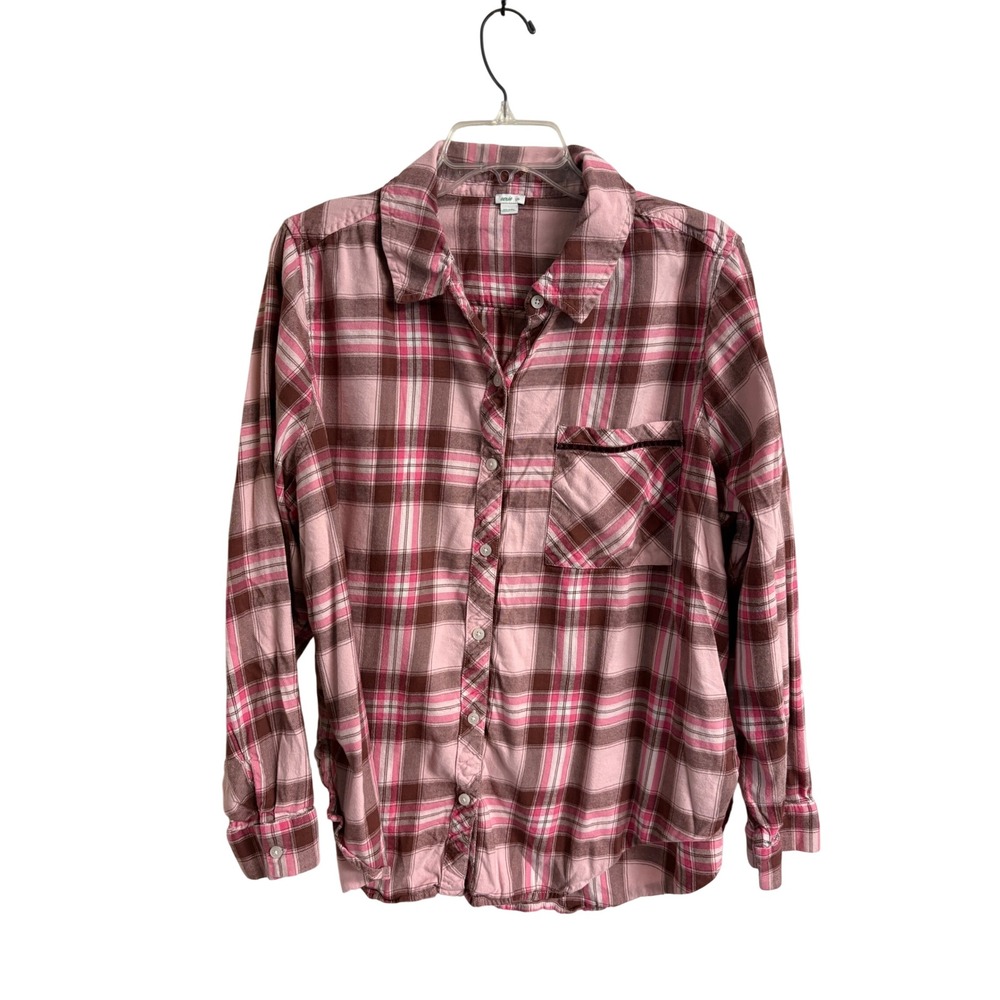 Aerie Pink Brown Plaid Flannel Button Down Shirt Large Cottagecore Cozy